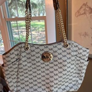 Michael Kors Cream and Gray MK Logo Tote with Gold Chain Straps